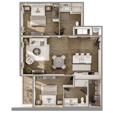 Floor plan for 2 beds, 2 baths, 1080 sqft